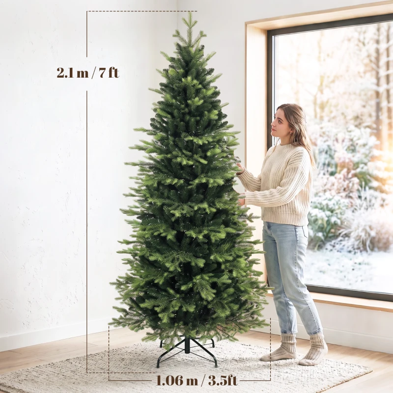 HOMCOM Geneva Fir Hinged Xmas Tree, 7ft/210cm Artificial Christmas Tree with 2079 Branch Tips, Foldable Steel Stand, Green