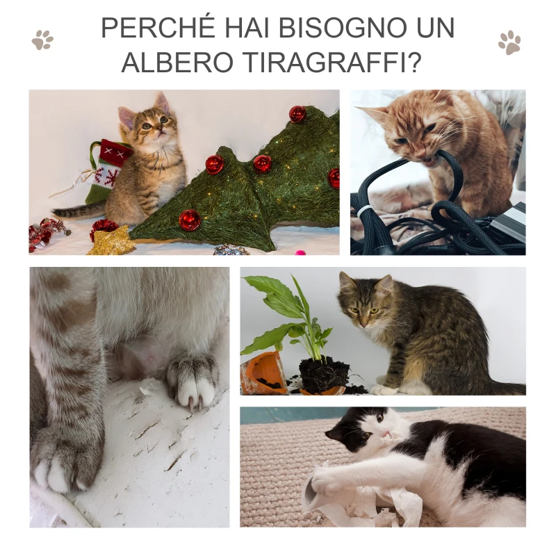 PawHut Albero Tiragraffi per Gatti Alto 95cm, Palestra per Gatti di Multilivelli con Casetta, Amaca, Pallina da Gioco, Cuccia e Corde in Sisal, 48x34x95cm, Grigio