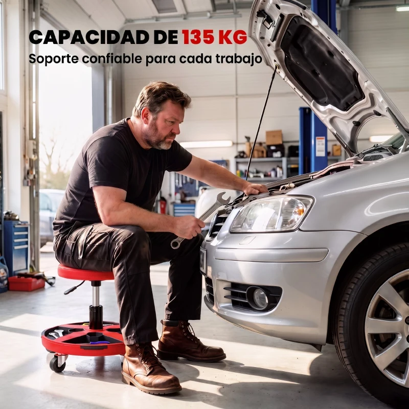 HOMCOM Taburete de Taller Móvil con Bandeja Altura Ajustable de 40-52 cm Carga 135 kg con Ruedas para Garaje Rojo