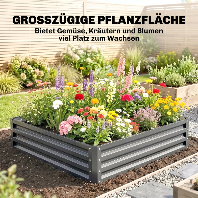 Outsunny Tuinbed, Plantenbak met Stalen Frame, Lichtgrijs, 120 x 120 x 30 cm