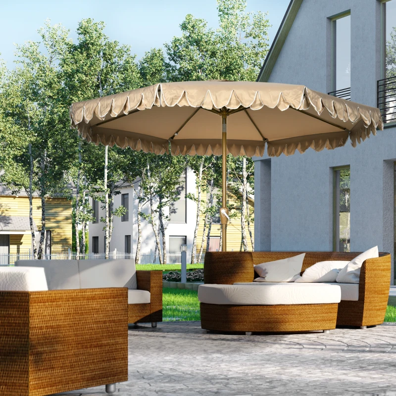 Outsunny parasol, met franje, kantelbaar, met handslinger, staal+polyester, kaki, Ø265 x 235,5 cm