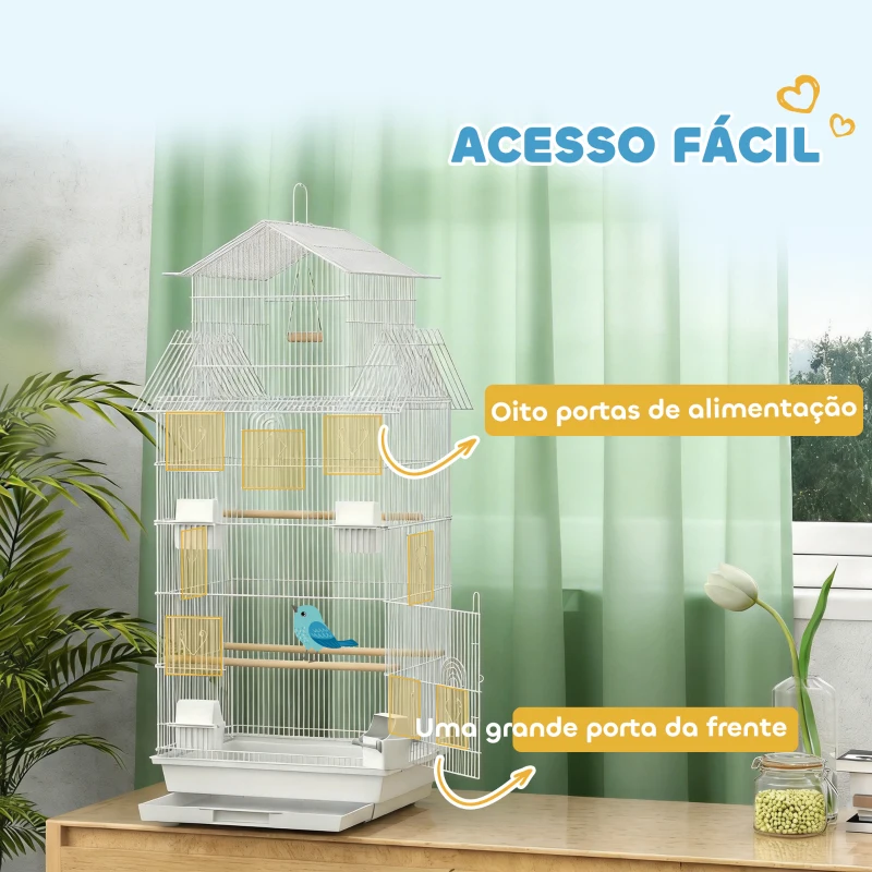PawHut Gaiola para Pássaros de Aço com Comedouros Poleiros Balanço e Bandeja Removível 50,5x41x104 cm Branco