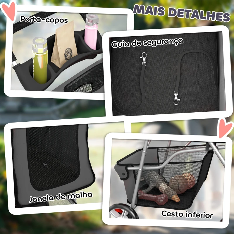 PawHut Carrinho Dobrável para Cães Pequenos com Cesta de Armazenamento, Suportes para Copos e Almofada Lavável 77x44x102 cm Cinzento Escuro