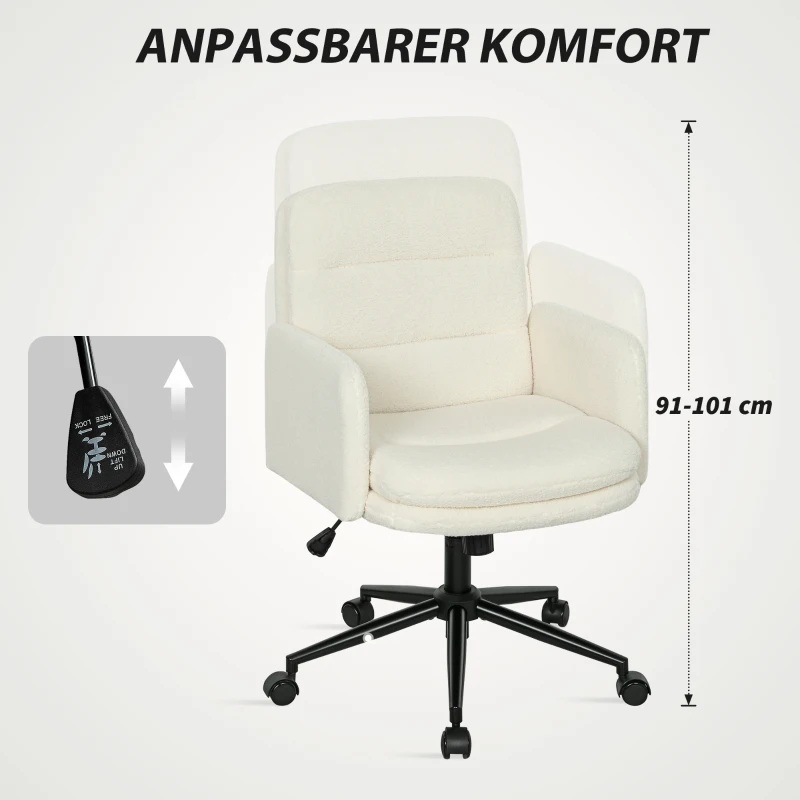 HOMCOM Mobiele bureaustoel met stoffen bekleding, armleuningen en 5 wielen, draaibaar, crèmewit(m-7)