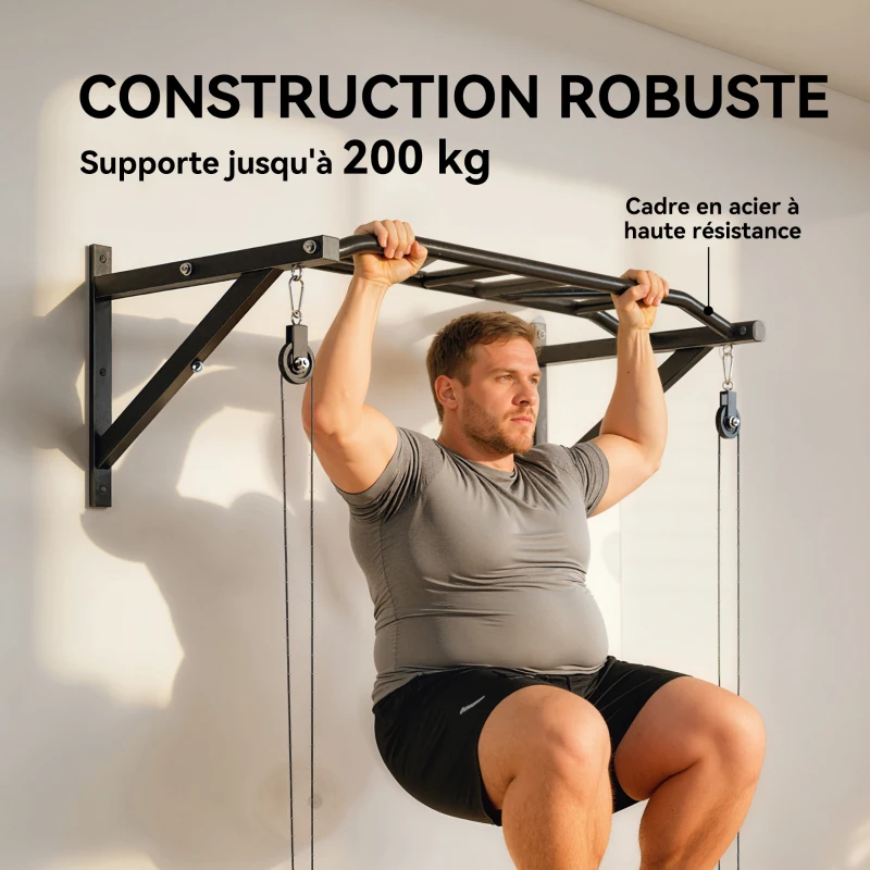 SPORTNOW Barre de traction murale barre de fitness multi-prise système de poulie à câble charge 200kg, acier 126x60x45,5cm, noir