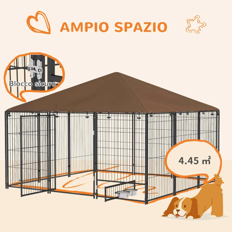PawHut Recinto per Cani in Metallo e Tessuto Oxford con Porticina per Ciotole, 211x211x151 cm, Nero e Marrone