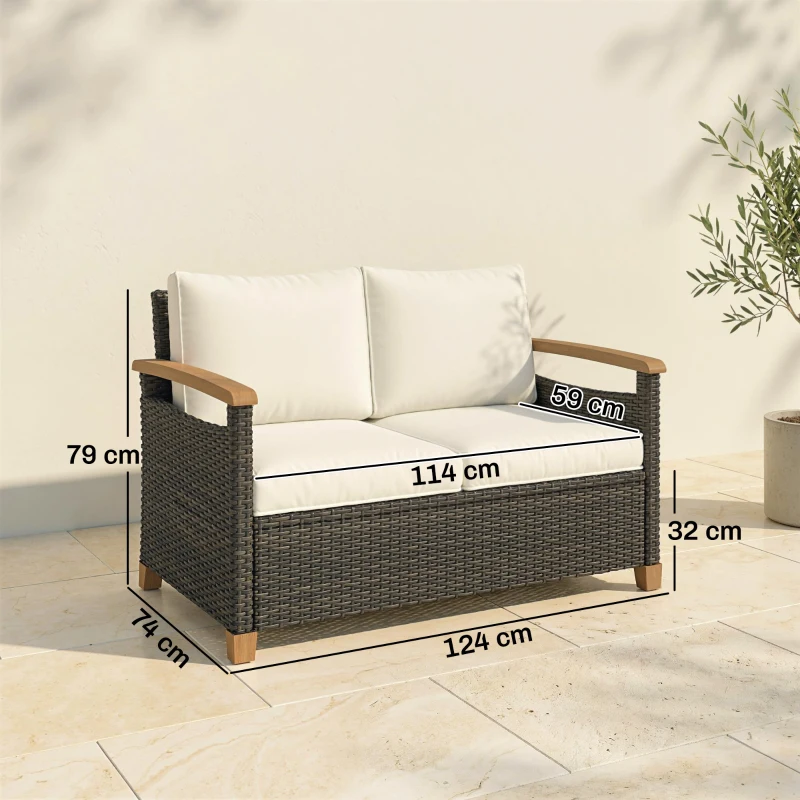 Outsunny 2 Seater Rattan Garden Sofa, Outdoor Sofa with Thickened Cushions and Acacia Wood Armrests, Brown