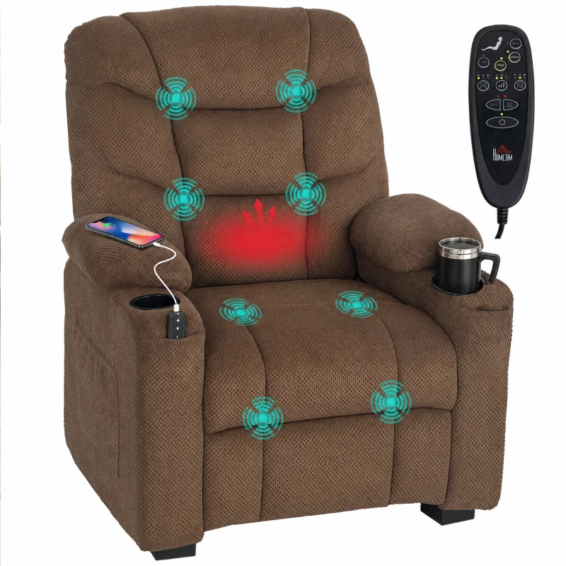HOMCOM Electric Massage Recliner Armchair with Vibration, Heat, Whisper-Quiet Motor, Memory Function, Fleece Power Reclining Chair with Spring Pack, USB Port, Footrest, Side Pocket, Brown