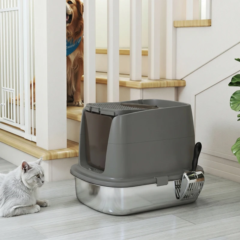 PawHut Große Katzentoilette aus Edelstahl, geschlossene Katzenstreuschale mit Metallschaufel und Deobeutel, dunkelgrau