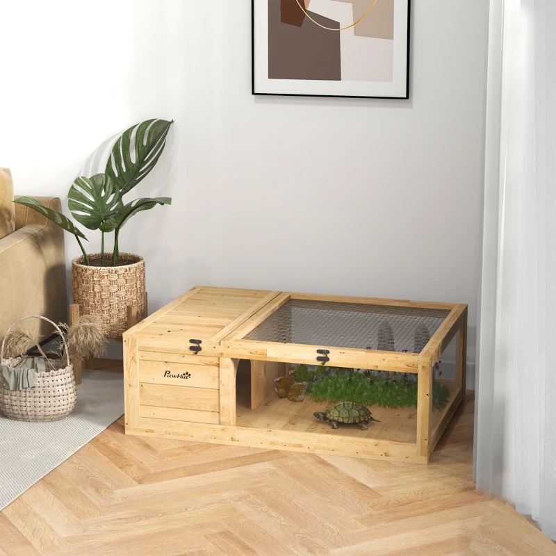 PawHut Terrario para Reptéis Casa para Tartarugas de Madeira com Painéis Laterais Transparentes e Trava 91x60,5x32 cm Madeira
