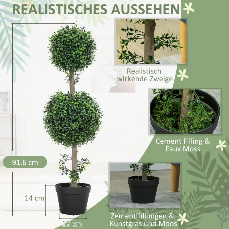 HOMCOM 2er-Set Kunstplanten, Kunstmatige Buxusbomen, UV-bescherming, met Pot, Groen