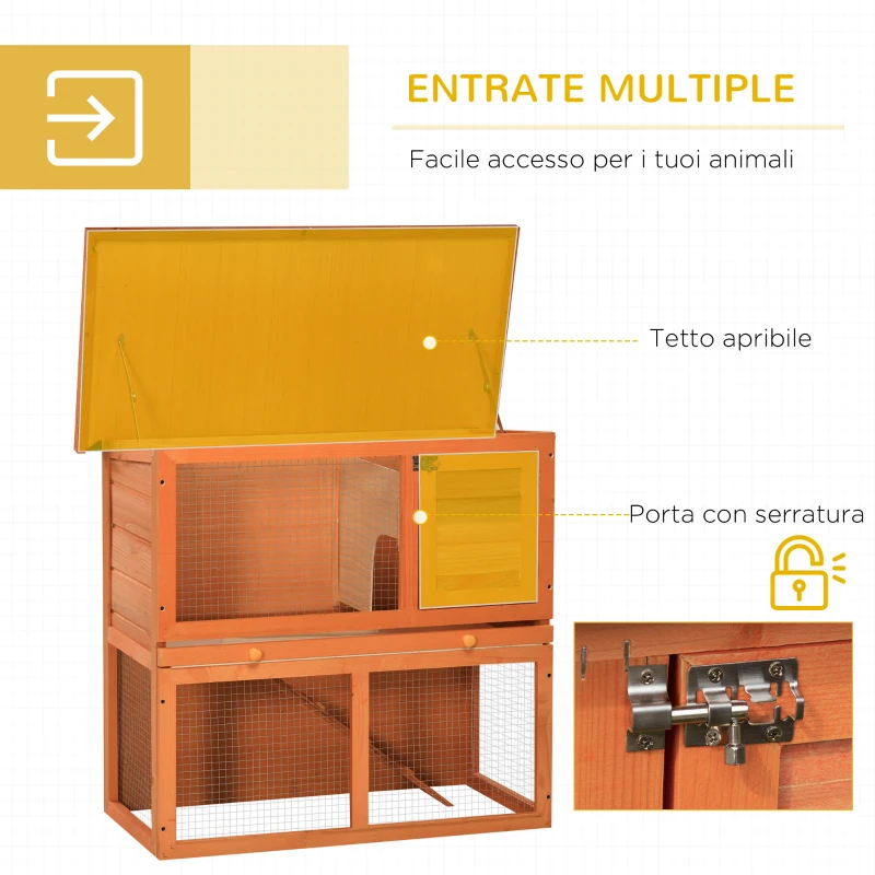 PawHut Gabbia per Conigli a Due Piani, Conigliera da Esterno con Casetta per Conigli in Legno di Abete, 90x45x80 cm