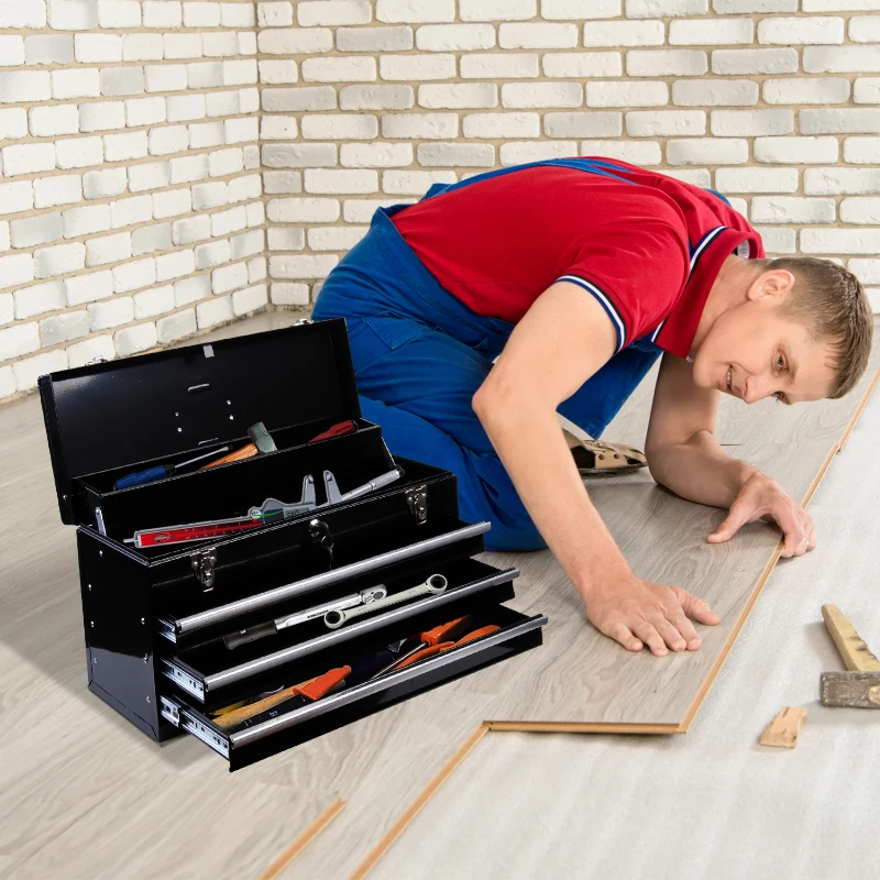 HOMCOM Coffret caisse boite a outils metallique avec 3 tiroirs noir 54 x 22 x 29 cm