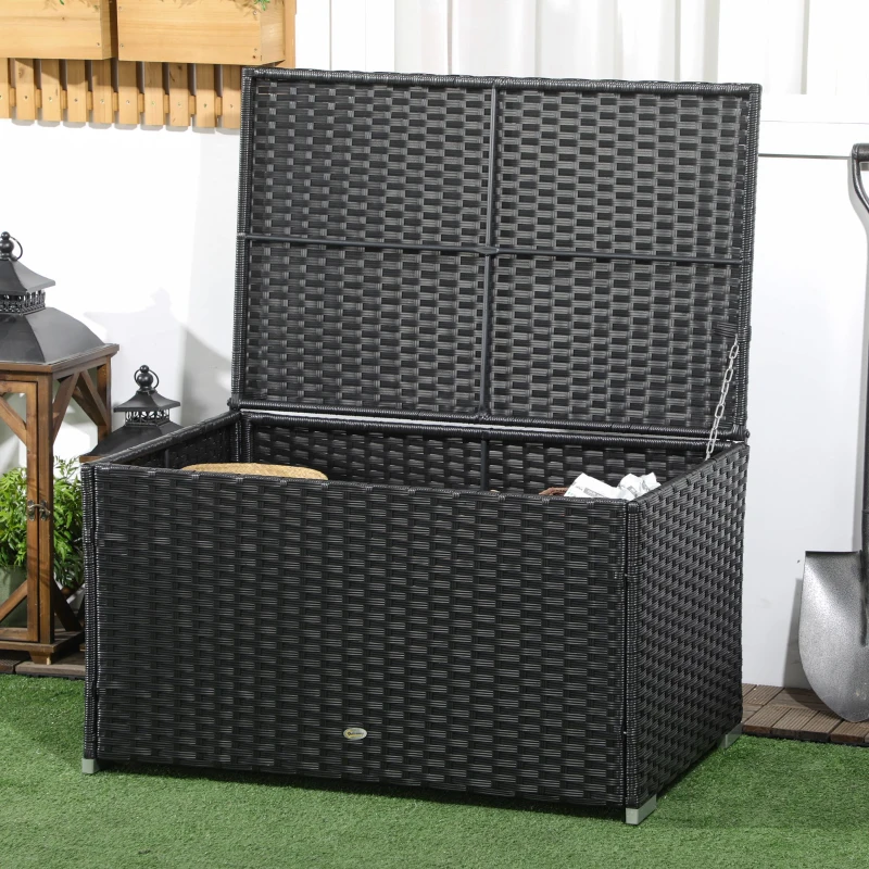 Outsunny Baule da Giardino in Rattan e Acciaio con Coperchio, 95x60x53cm, Nero