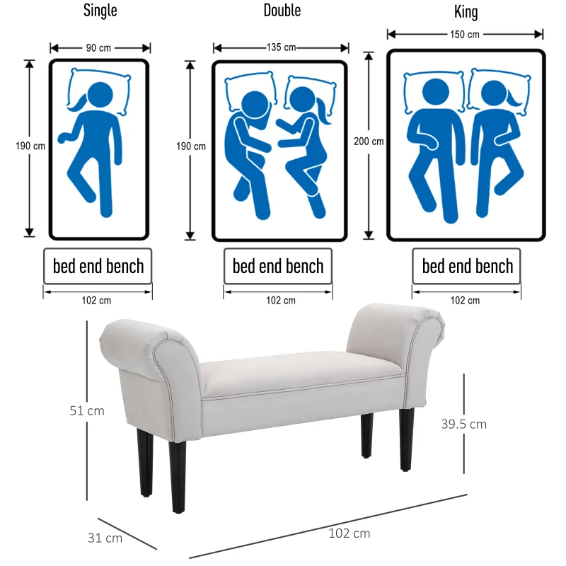 HOMCOM End of Bed Bench, Upholstered Window Seat with Arms and Wooden Legs, Modern Shoe Bench for Entryway, Living Room, Bedroom, Greyish White