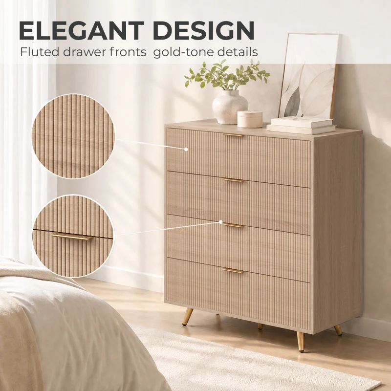 HOMCOM Bedroom Chest of Drawers with 4 Drawers, Fluted Dresser with Gold Tone Handles, Storage Cabinet, Natural
