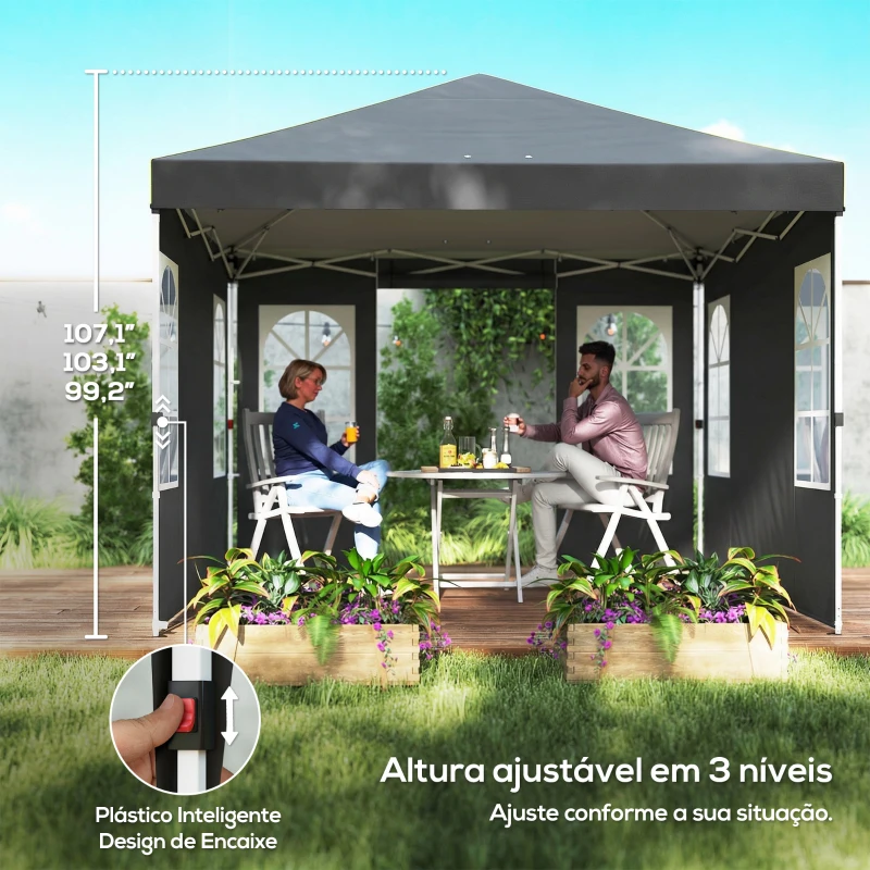 Outsunny Tenda Dobrável 3x3 m Pop-up com UPF50+, 4 Laterais Removíveis, Altura Ajustável e Bolsa de Transporte - Cinzento Escuro