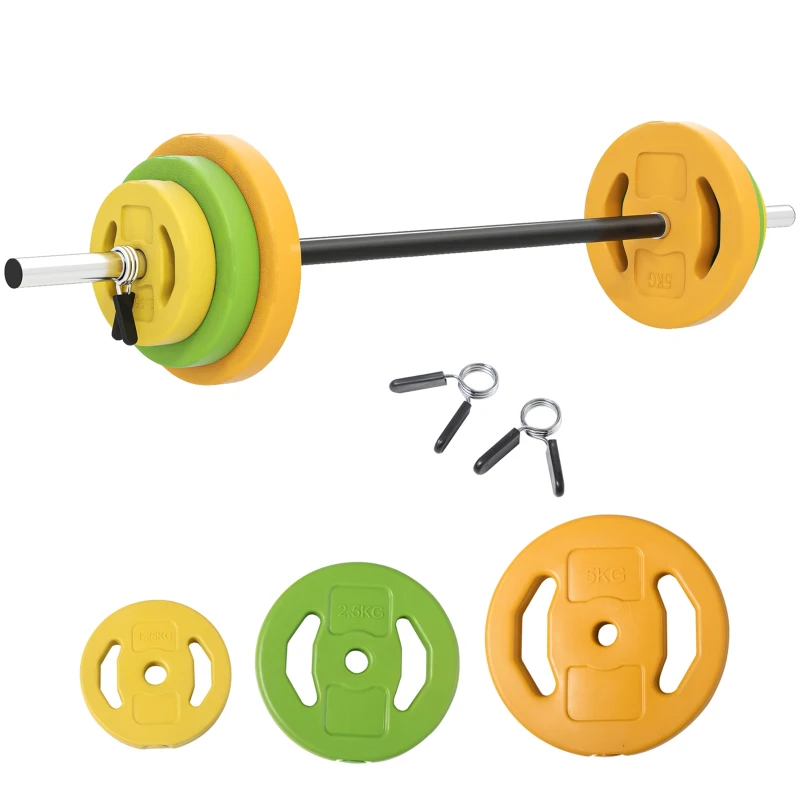 HOMCOM Ensemble haltères et barre 20 kg avec 6 haltères disques de 1,5 kg, 2,5 kg et 5 kg gym musculation orange vert et jaune