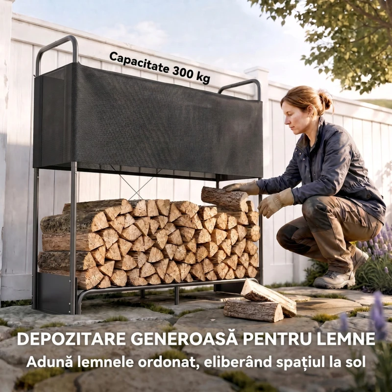 Outsunny Suport pentru Lemne de Foc pentru Interior și Exterior, Oțel Galvanizat cu Husă Oxford, 132x38x118 cm, Negru