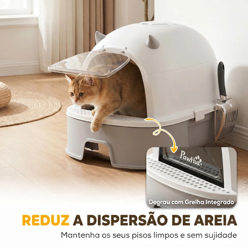 PawHut Caixa de Areia para Gatos L com Tampa Superior Removível, Tabuleiro em Aço Inoxidável, Porta Frontal e Pá, Cinzento