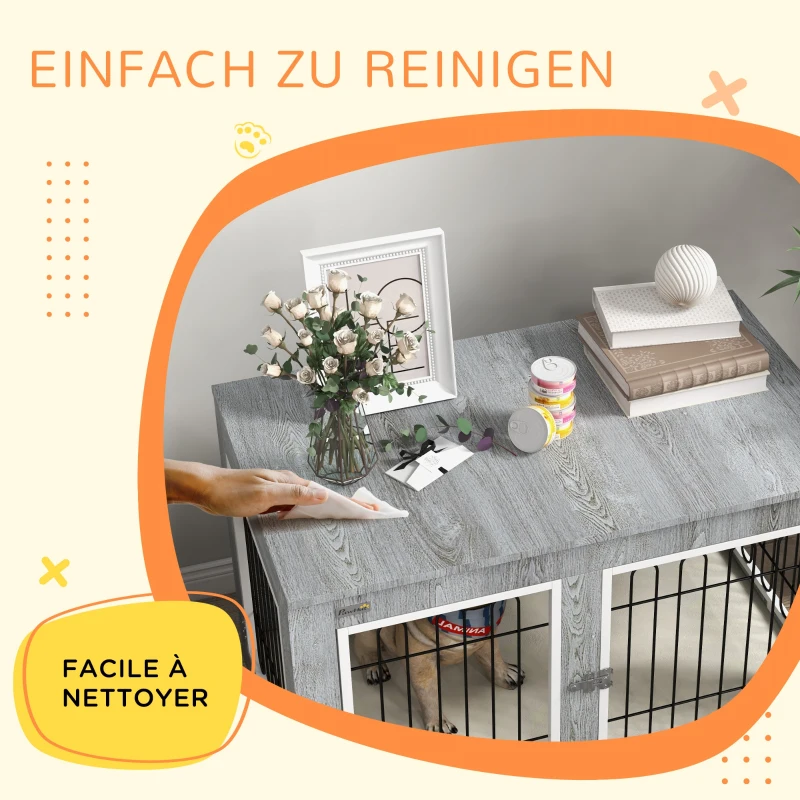 PawHut Hondenkooi Hondenbench met wasbaar kussen, 2 sloten, 90 cm x 58 cm x 65 cm, Grijs