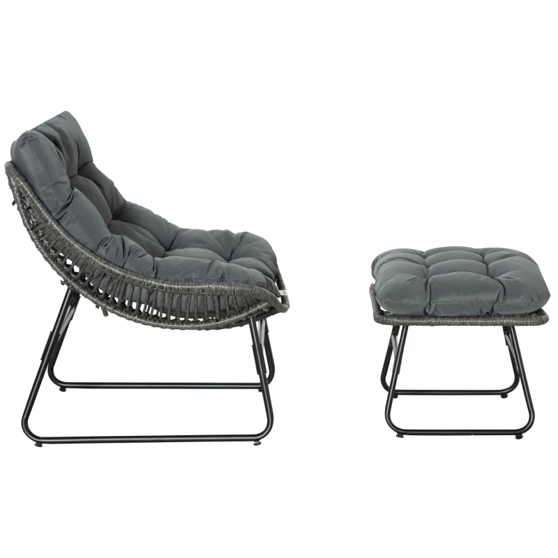 Outsunny Rattan Relaxsessel mit Fußhocker, Gartensessel mit dicke Kissen Outdoor Rattanstuhl Gartenstuhl für Garten, Balkon, Terrasse Grau