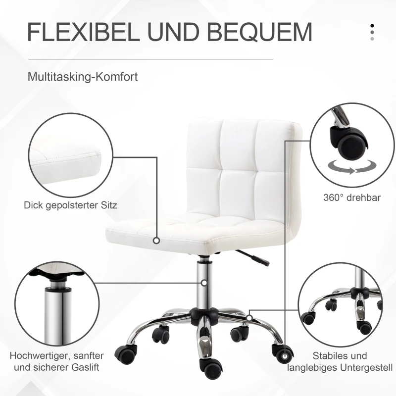 HOMCOM Bureaustoel, Draaibaar, Kunstleer, Stalen Structuur, 5 Wielen, Gepolsterd, Wit