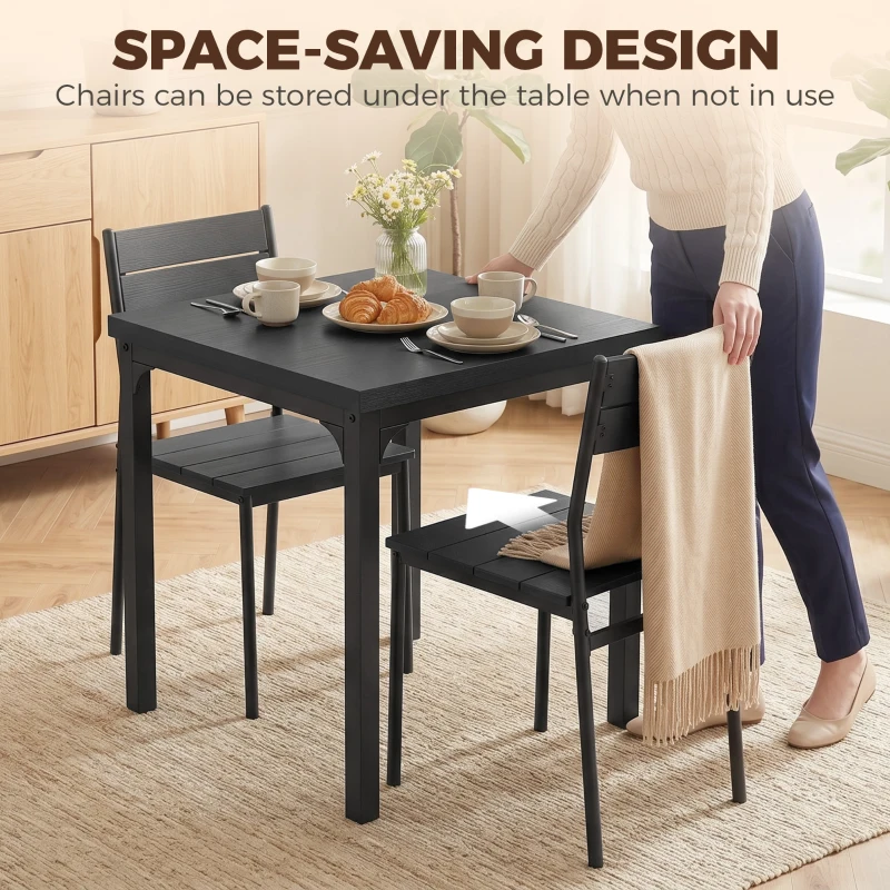 HOMCOM 3 Piece Space-Saving Kitchen Table and Chairs, Dining Table Set for 2 with Metal Legs, Black Wood Effect