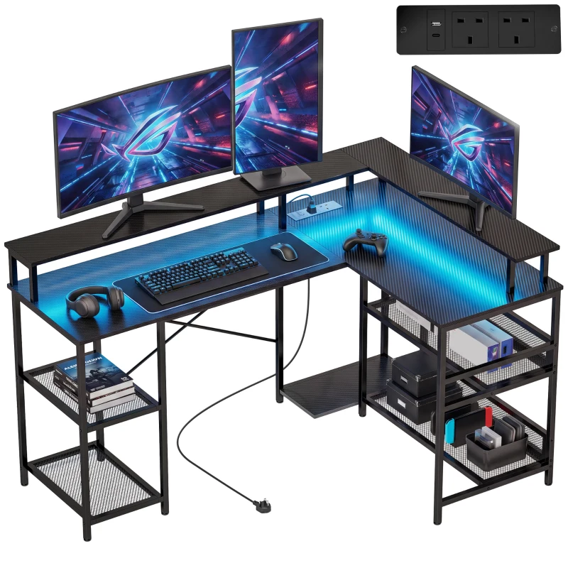 HOMCOM L Shaped Gaming Desk with LED Lights and Power Outlets, 150cm Corner Computer Desk for Small Space, Black