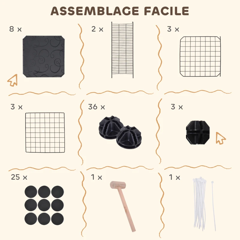 PawHut Enclos pour petits animaux, cage à lapin modulable 3 niveaux, 39 panneaux avec  rampes, en métal, 70 x 70 x 105 cm, noir