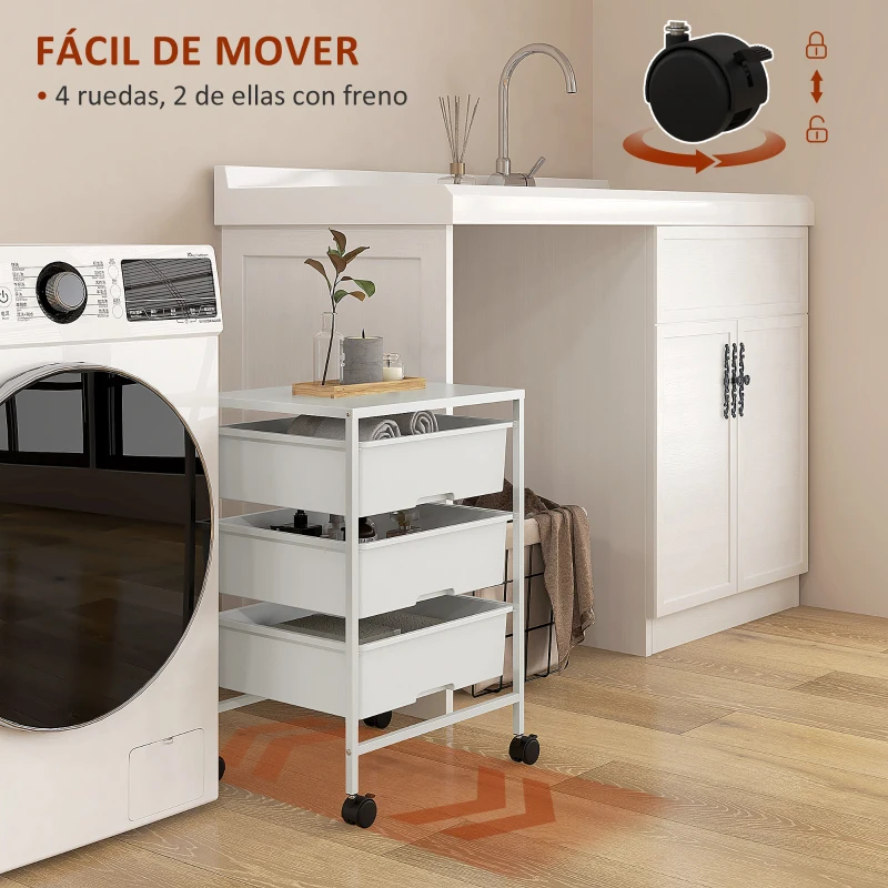 HOMCOM Carrito Auxiliar con Ruedas con 3 Cestas para Almacenamiento y Marco de Acero para Cocina Baño 40,8x33,5x60,5 cm Blanco