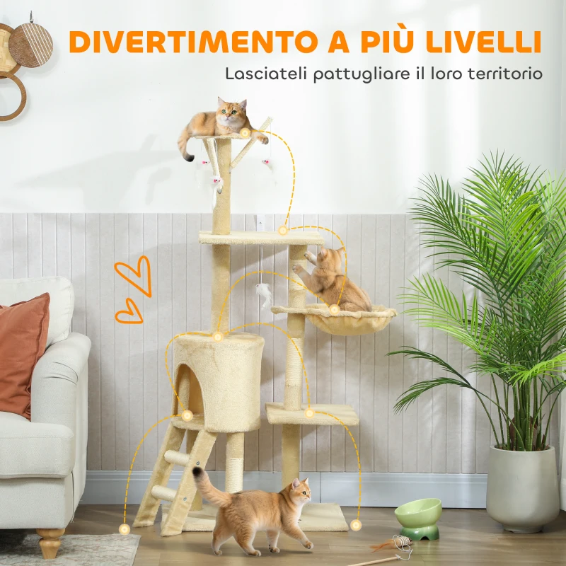 PawHut Torre per Gatti con Casetta, Trespolo, Piattaforme e 4 Topolini Appesi, 60x35x134 cm, Beige