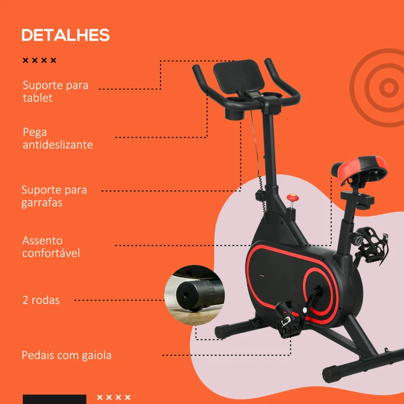 SPORTNOW Bicicleta Estática com Ecrã LCD Assento e Guiador Ajustáveis Volante 4 kg e Porta Garrafa  93x48,5x102-112 cm Vermelho
