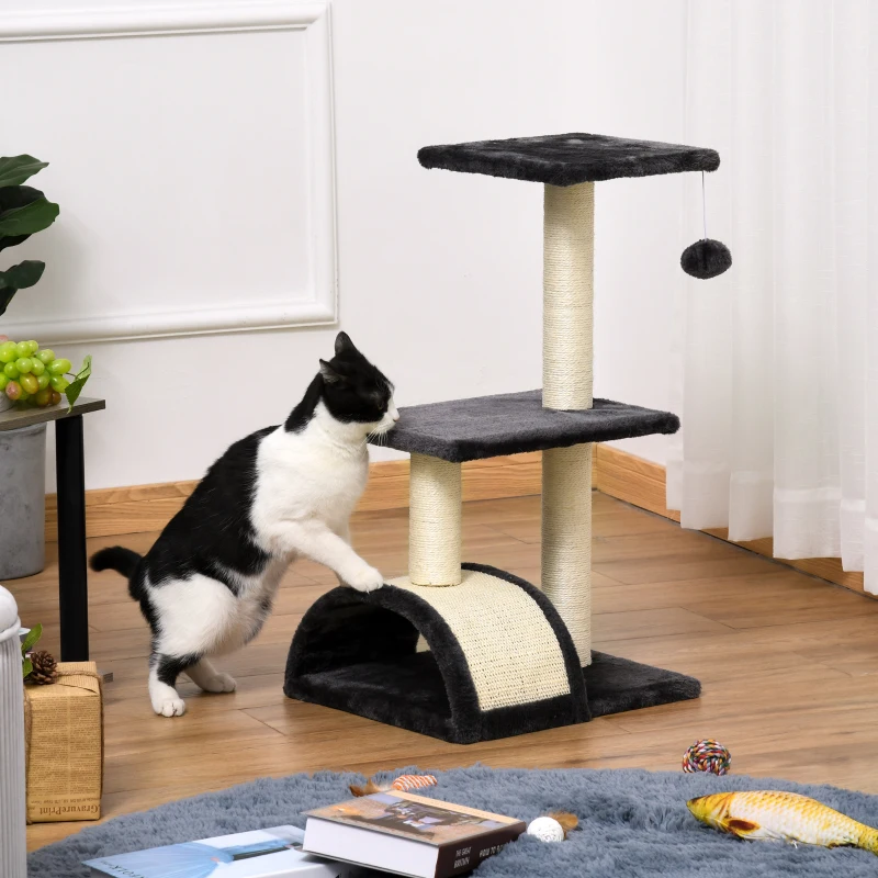PawHut Albero per Gatti a 3 Livelli con Tappetino Tiragraffi ad Arco, in Legno, Peluche e Sisal, 40x35x72 cm, Grigio