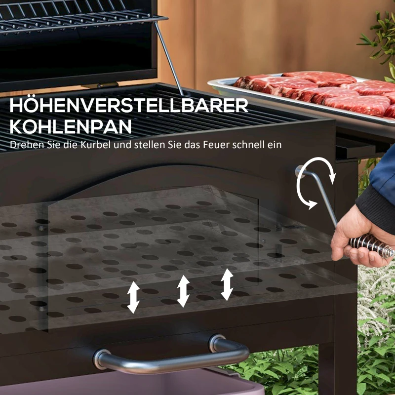 Outsunny Houtskoolgrill BBQ-Grill Smoker, verstelbare koolstoffen, zijtafels, 124 x 66 x 112 cm, Zwart