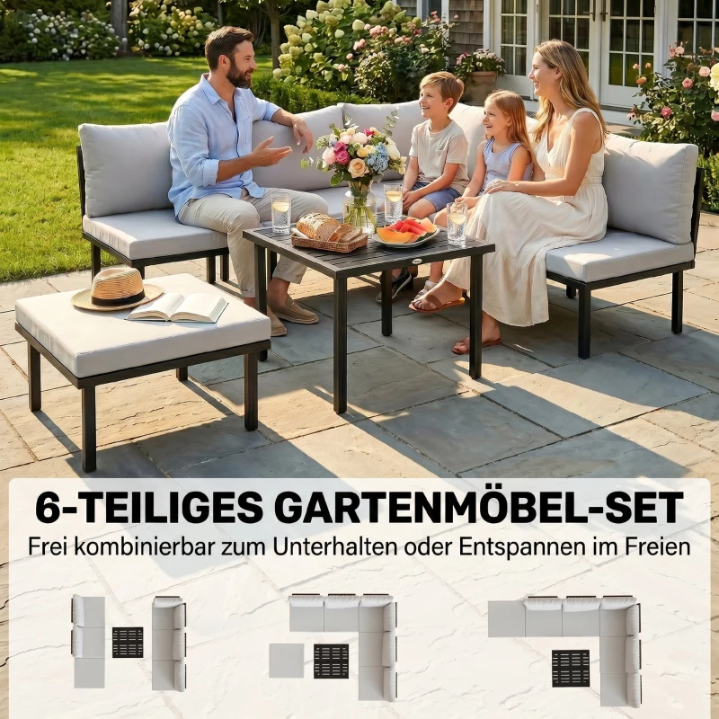 Outsunny Lounge Tuinmeubelset 5-6 Personen Tuinlounge Set met 2-zits Tuinbank, 2 Stoelen, Hoekstoel, Lamellen-tafel, Voetenbank