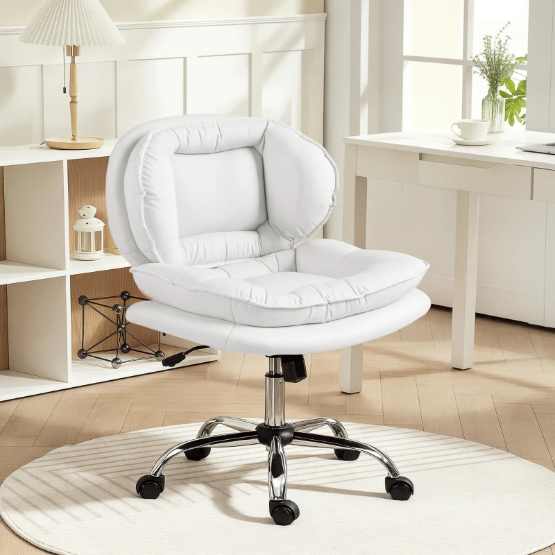 HOMCOM Cadeira de Escritório com Rodas Cadeira para Secretária com Função Inclinável Assento Amplo Sem Braços 60x65x83-93 cm Branco