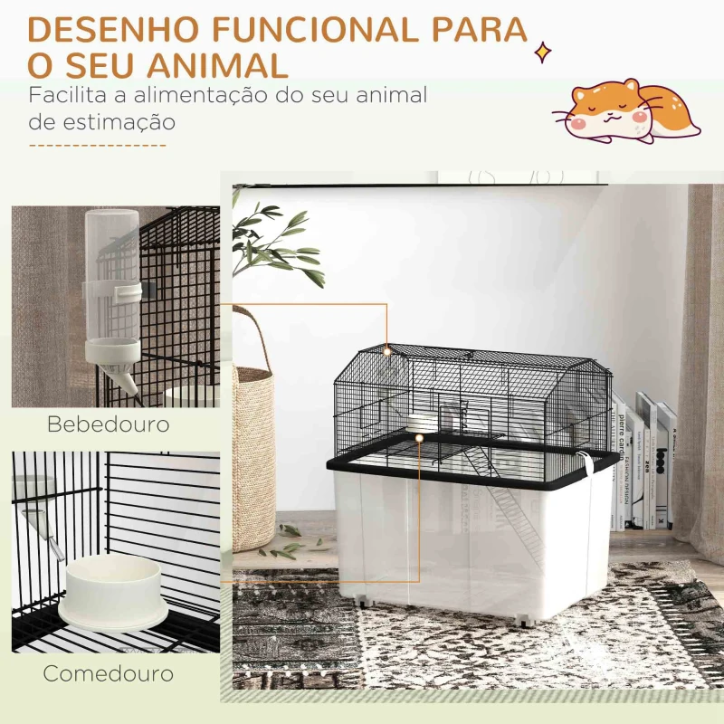 PawHut Gaiola para Hamsters Casa para Pequenos Roedores com Comedouro Bebedouro Rampa e Roda 57x43x57 cm Preto