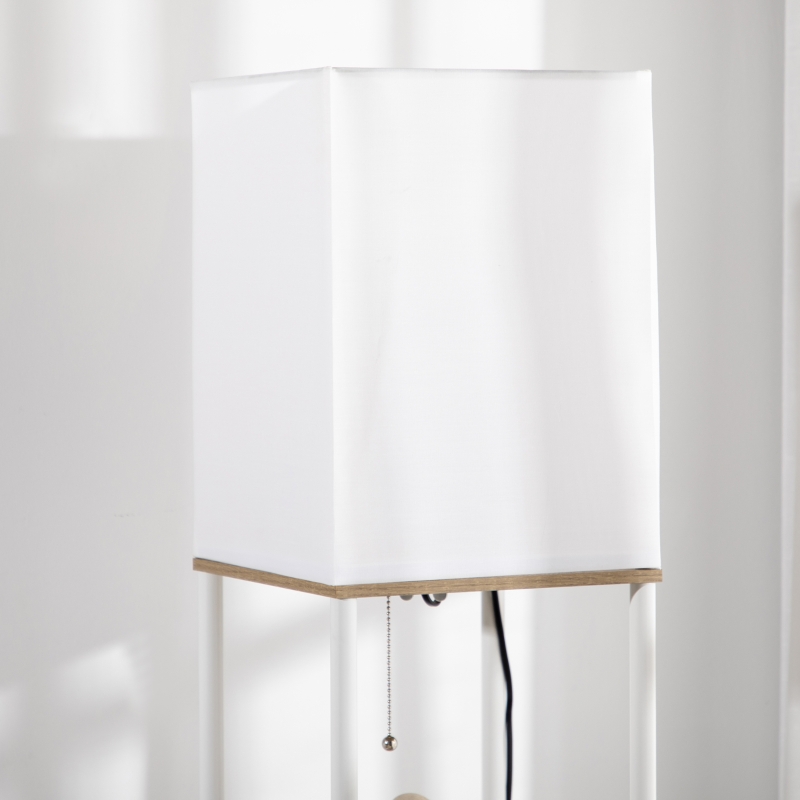 HOMCOM Staandelamp, Vloerlamp met Planken, Metalen Frame, Stoffen Kap, 26x26x159cm, Wit/Bruin