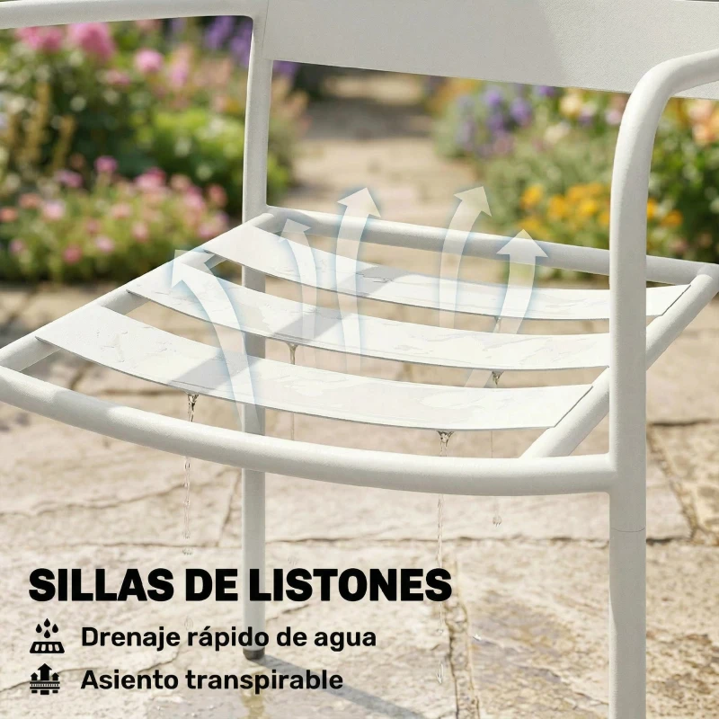 Outsunny Conjunto de Jardín Exterior de 3 Piezas de Acero Galvanizado con 2 Sillas y Mesa de Vidrio Templado Blanco