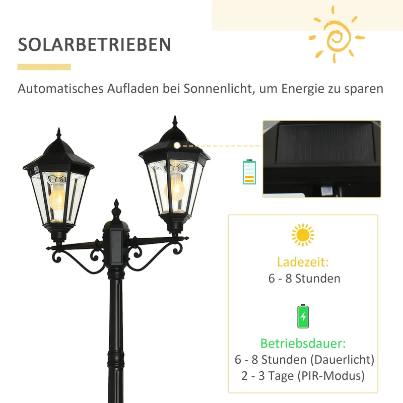 Outsunny Solar Gartenlaterne 2,5 m Gartenleuchte Wegleuchte mit 19 LED 10-500 Lumen 3000K Aluminium gehärtetes Glas Schwarz 22 x 72 x 248 cm