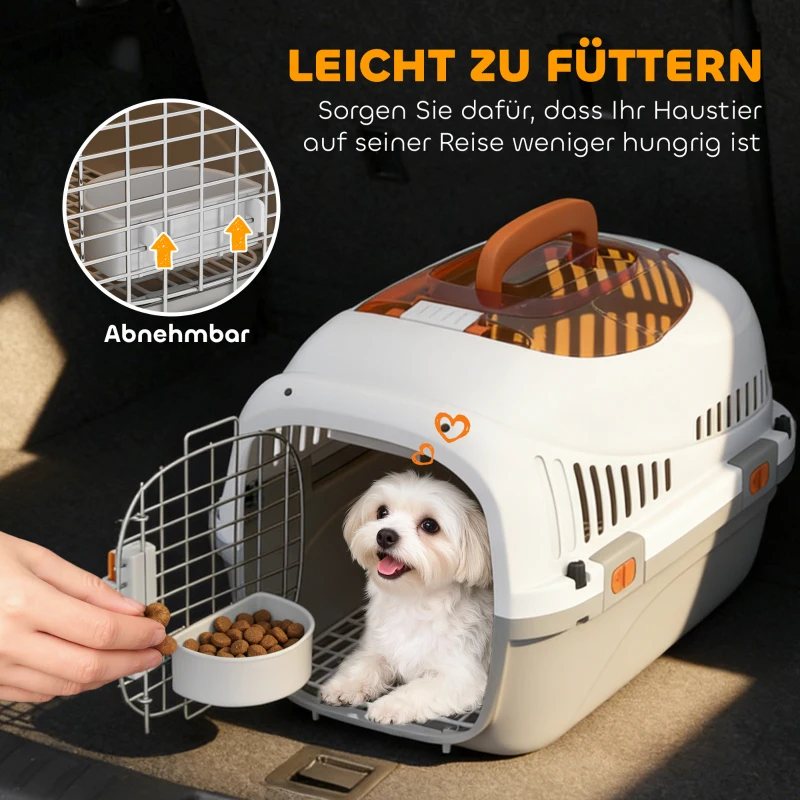 PawHut Transportbox voor kat en miniatuurhonden tot 4 kg, hondenbox met dakopening en voerbak, 49x32x31 cm, lichtgrijs