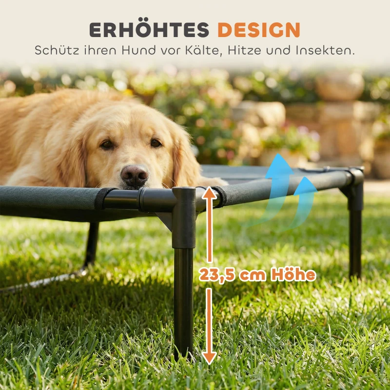 PawHut Erhöhtes Hundebett mit Baldachin, Haustierbett, Hundeliege outdoor mit Dach, Atmungsaktiv, Taftstoff für Camping Grau 122 x 92 x 108 cm