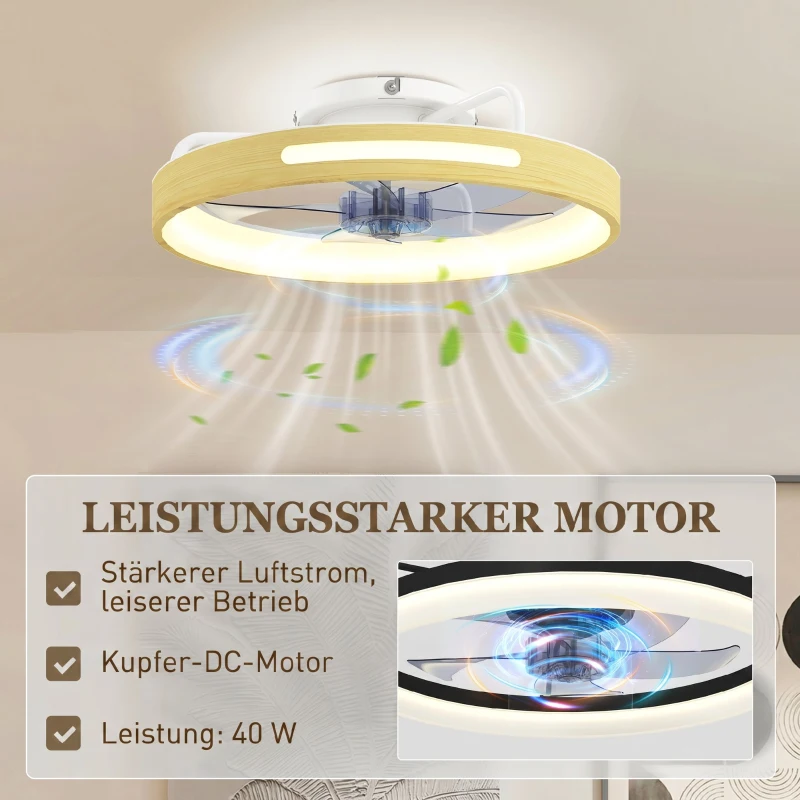 HOMCOM Deckenventilator mit Licht und Fernbedienung, 49 cm LED-Deckenventilator mit 3 Farbtemperaturen, natürliches Holzfinish