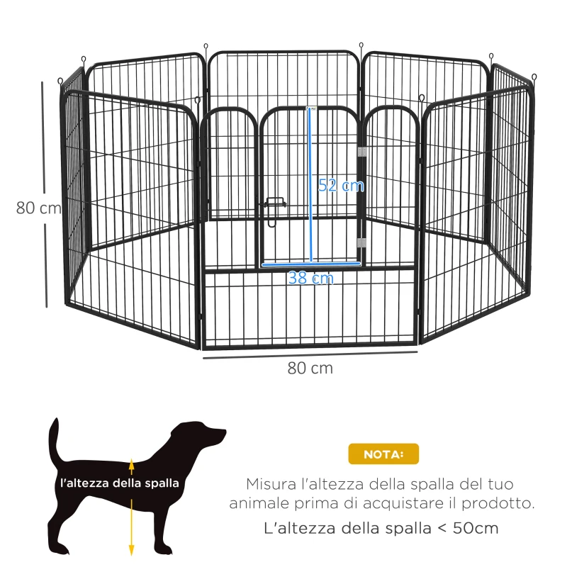 PawHut Recinto per Cani di Media Taglia a 8 Pannelli Modulabili da 80x1.5x80 cm, Box per Cani e Cuccioli Pieghevole con Porta in Acciaio con 8 Picchetti, Nero