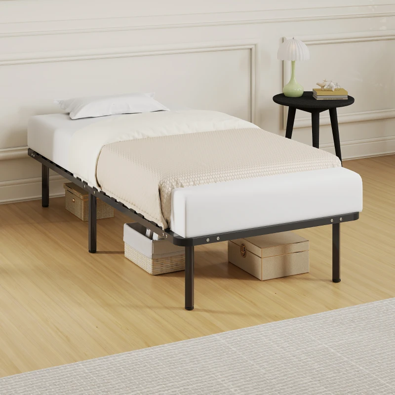 HOMCOM Estrutura de Cama 90x190 cm de Aço com Espaço de Armazenamento em Madeira de Álamo Capacidade 300 kg Preto
