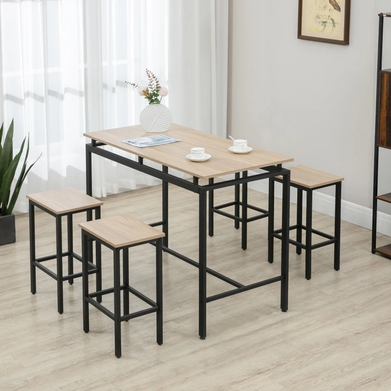 HOMCOM Bartisch, Barhocker, 5-teiliges Set, Industrial Design, Stahlrahmen, Eiche+schwarz, 120 x 60 x 90cm