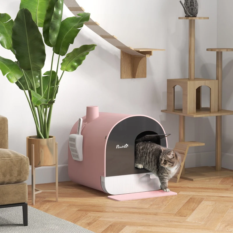 PawHut Kattenbak met Deksel, Strooischaufel, Vuilvangmat, Kunststof, Roze/Zwart(m-2)