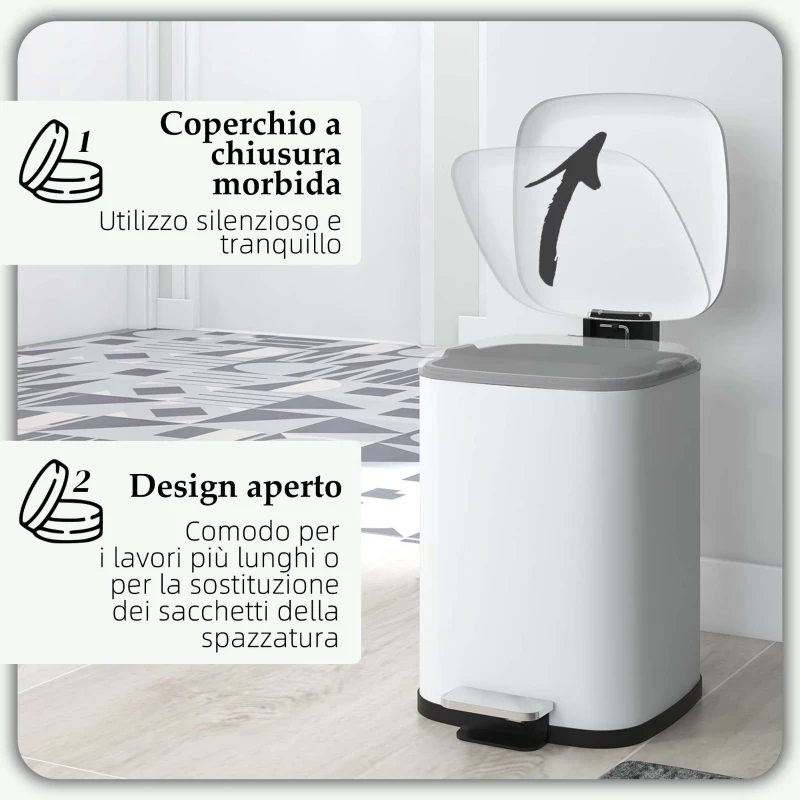 HOMCOM Bidone Immondizia da 12L a Pedale con Chiusura Silenziosa, in Metallo e PP, 24.5x32x34.5 cm, Bianco