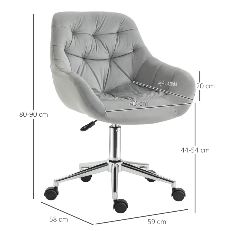 Vinsetto Sedia da Ufficio Ergonomica Girevole con Altezza Regolabile e Ruote, Rivestimento in Velluto, 59x58x80-90cm, Grigio